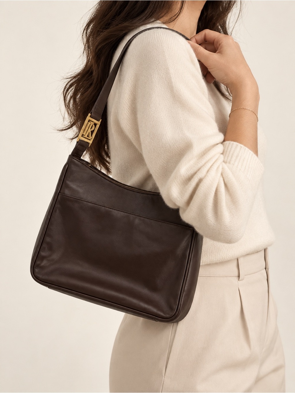 Lauren Ralph Lauren Brown Leather Shoulder Bag | Gold LRL Logo